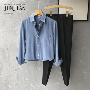 西服套装男春秋季西裤衬衫男两件套休闲港韩系商务冰丝条纹衬衣男