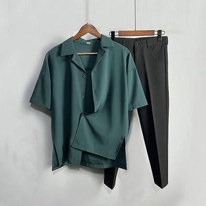 休闲短袖古巴领衬衫西裤套装男宽松垂感高级感外穿衬衣西服九分裤