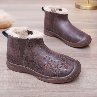 加绒加厚皮面雪地靴保暖防滑一脚蹬妈妈鞋 老北京棉鞋 新款 2025冬季