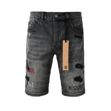 KSU JEANS 美式潮牌夏季新款烟灰色水洗刮烂破洞刺绣修身牛仔短裤