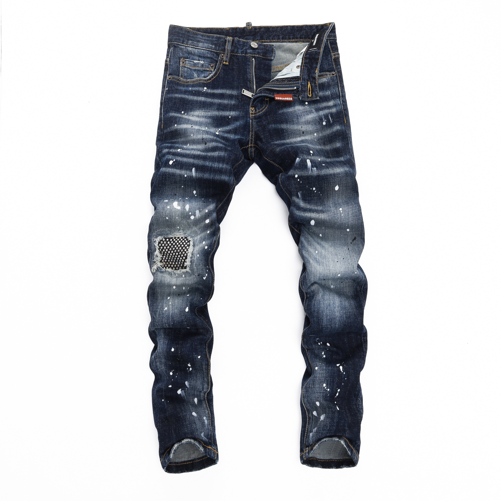 D2 JEANS美式潮牌新款蓝色漆点泼墨涂鸦膝盖烫钻补丁修身牛仔裤男