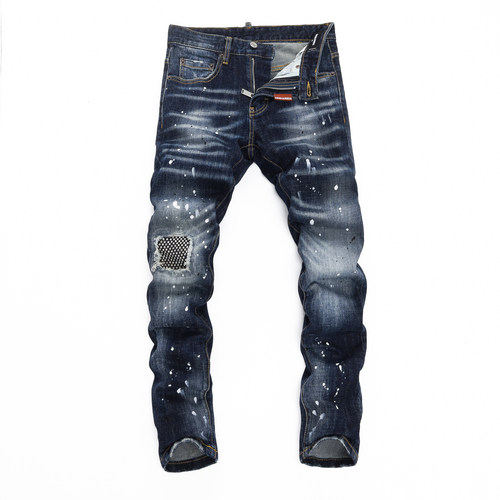 D2 JEANS美式潮牌新款蓝色漆点泼墨涂鸦膝盖烫钻补丁修身牛仔裤男