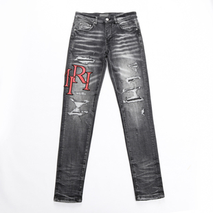 JEANS 牛仔裤 新款 高街潮牌烟灰色水洗LOGO拼皮贴布修身 男 美式 AMR