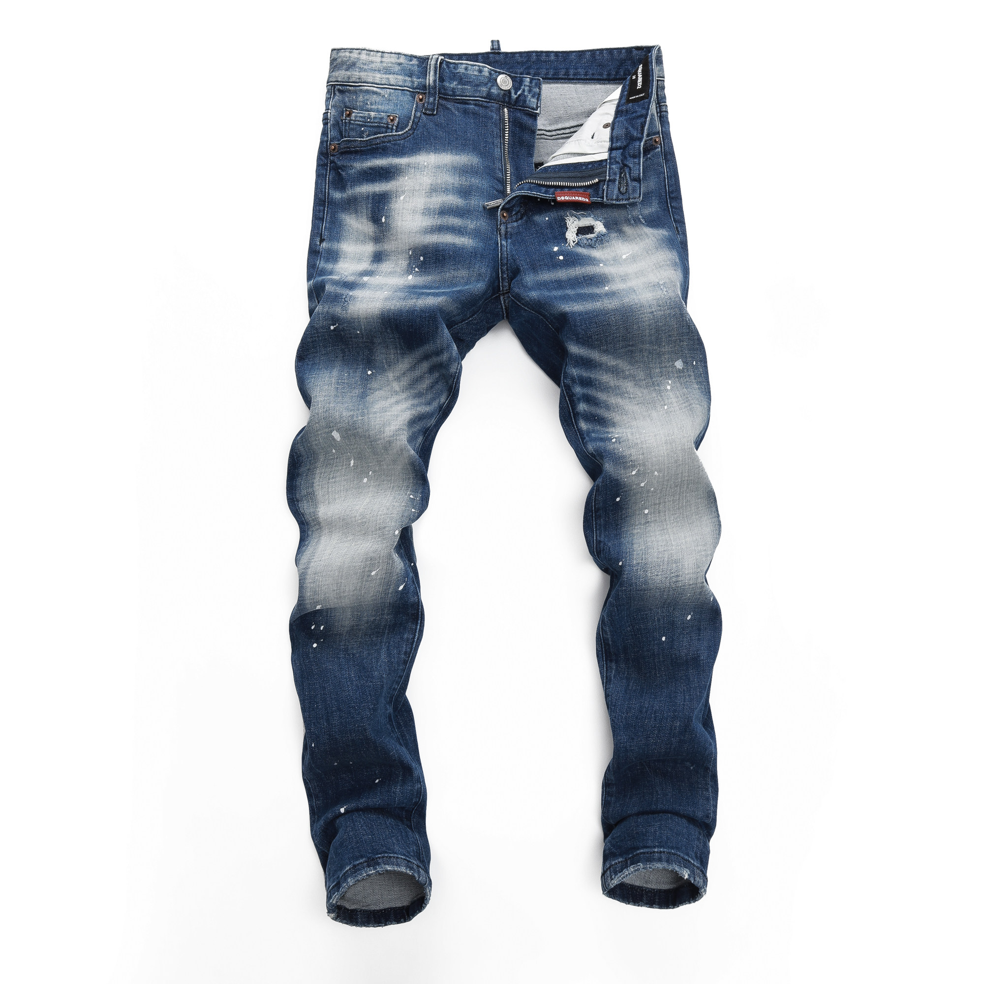 美式潮牌蓝色磨白泼墨涂鸦牛仔裤