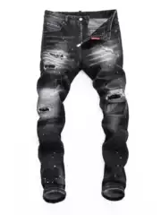 European Style Spring New Men's Distressed Ripped Patch Jeans in Black and Gray, Stretchy Slim Fit Skinny Pants