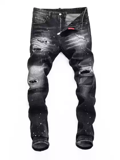 European Style Spring New Men's Distressed Ripped Patch Jeans in Black and Gray, Stretchy Slim Fit Skinny Pants
