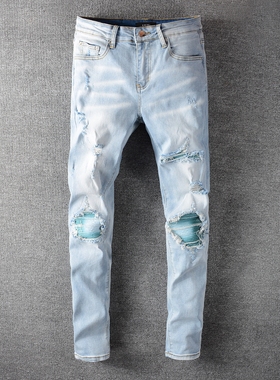 AMR JEANS 美式高街潮牌新款浅蓝色磨白水洗绿色补丁修身牛仔裤男