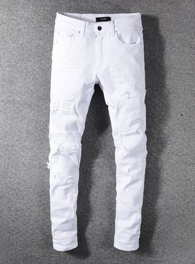AMR jeans 美式高街潮牌白色刀割破坏补丁弹力显瘦修身小脚牛仔裤