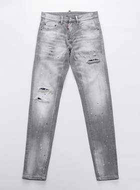 D2 JEANS美式潮牌新款烟灰色做旧水洗油漆泼墨涂鸦补丁修身牛仔裤