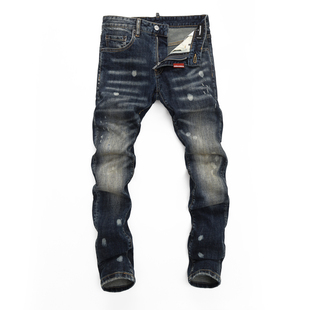 D2 JEANS欧洲站新款藏蓝色复古磨黄做旧水洗泼墨百搭修身牛仔裤男