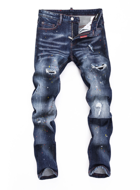 欧洲站春季新款蓝色泼墨破洞补丁牛仔裤男弹力修身显瘦休闲小脚裤