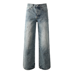 PUR JEANS 美式潮牌秋季新款浅色满天星烫钻宽松直筒阔腿牛仔裤男