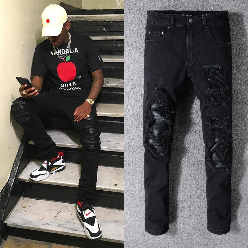 高街风格弹力破洞拼皮补丁牛仔裤