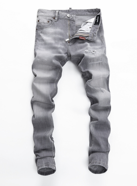 D2 JEANS欧洲站美式潮牌新款烟灰色做旧水洗刮烂补丁修身牛仔裤男