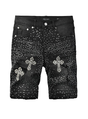 PUR JEANS 美式潮牌夏季黑灰色水洗满天星烫钻破洞修身牛仔短裤男