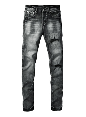 PUR JEANS 美式潮牌新款烟灰色做旧水洗漆点泼墨贴布破洞牛仔裤男