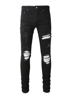 AMR JEANS 美式高街潮牌黑色个性破洞白色拼皮补丁修身小脚牛仔裤