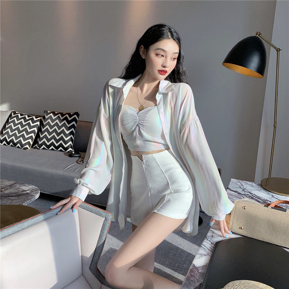 春夏季薄款长袖空调防晒衫上衣紫色人鱼姬偏光衬衫加吊带两件套装