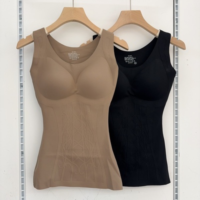 古妃秋冬圆领磨毛保暖塑形雕花背心美体无痕带胸垫收腹收腰塑身衣