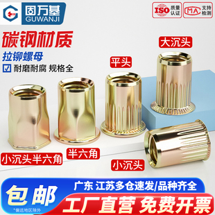 铁彩锌平头拉铆螺母 铆螺母柱条纹拉铆螺帽滚花拉母M3M4M5M6M8M12