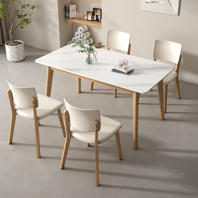 实木岩板餐桌简约现代家用小户型吃饭桌奶油风桌椅组合长方形桌子