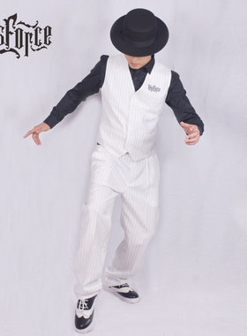 条纹机械舞演出服Popping套装马甲西裤街舞宽松Locking西装大人装