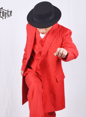 街舞红色LOCKING锁舞演出服popping机械舞中长款西服马甲裤子套装