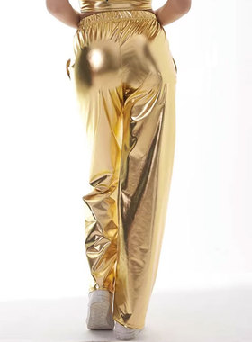 裤子男士亮面演出裤表演韩版潮流嘻哈宽松拼接金银色大码哈伦裤男