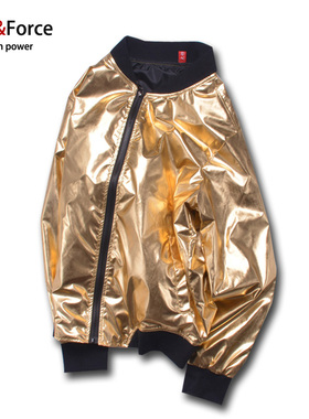 加肥加大银色外套男反光潮流潮帅气亮面薄款夹克金色镭射立领开衫