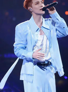 张艺兴明星同款亮片衬衫长外套宽松亮闪闪珠片绣直筒裤舞台演出服