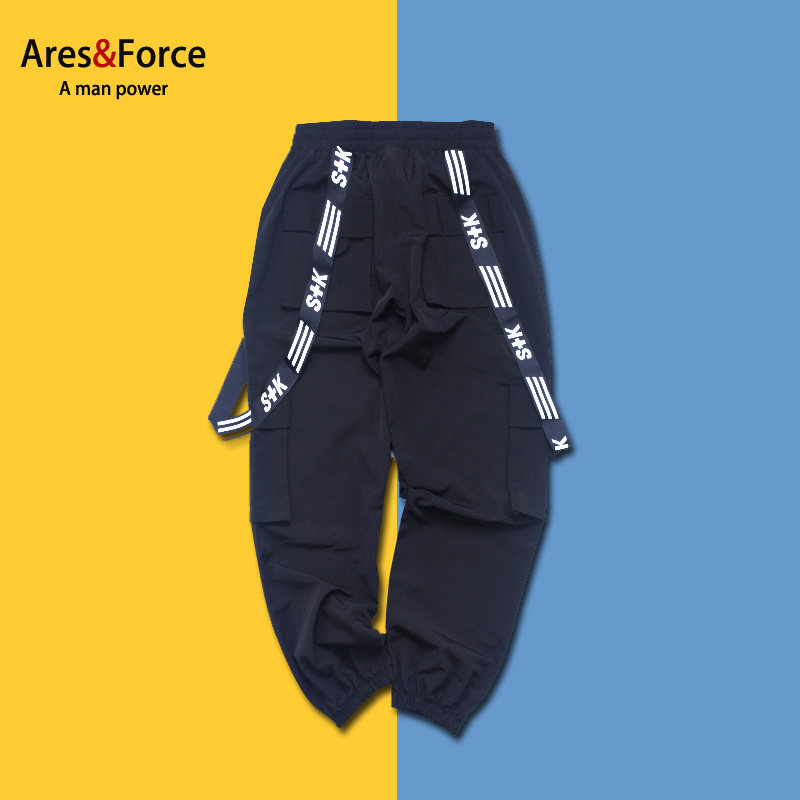 街头串标束脚裤潮男运动裤嘻哈滑板背带裤街舞团队定制服装大码裤