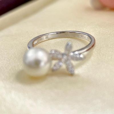 18K白金色钻石7-8mm珍珠戒指空托