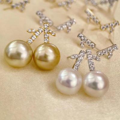 18k黄金色锆石8-10mm珍珠耳钉