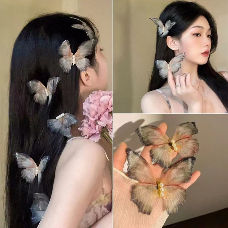 双层网纱蝴蝶装饰发夹森系风发饰头饰夹子超仙甜美仙女头发演唱会