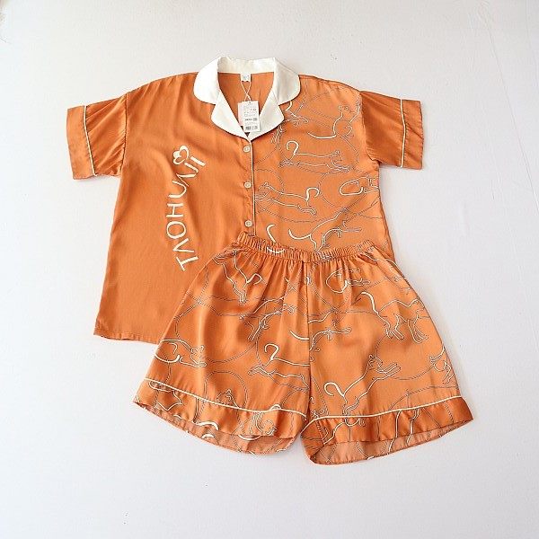 夏季女家居服套装短袖花色衬衫西服领仿真丝睡衣松紧腰短裤C3S