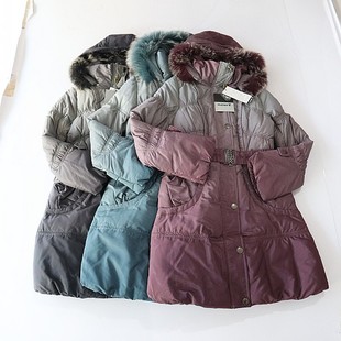 羽绒服外套立领连帽拉链腰带修身 冬季 长袖 女中长款 棉服X15 新品