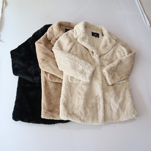 秋冬季女中长款长袖仿獭兔毛外套西服领纽扣宽松百搭仿皮草D15