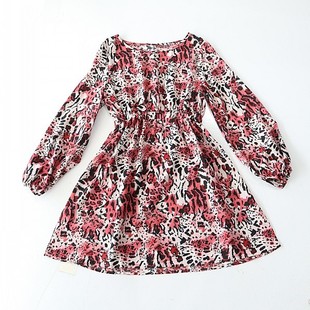 花色连衣裙圆领套头松紧收腰时尚 春秋季 长袖 女中长款 A字裙H2 新品