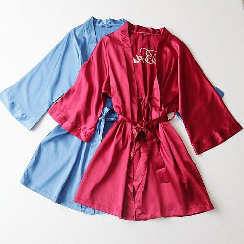 春季女中长款长袖仿真丝睡袍刺绣