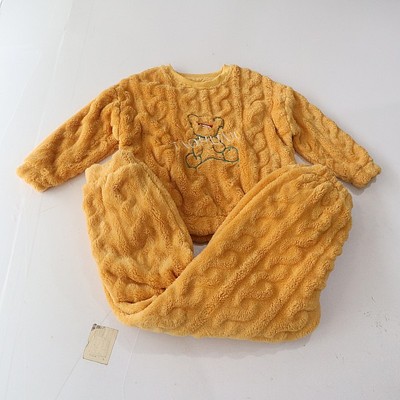 秋冬季男女童长袖珊瑚绒圆领套头刺绣睡衣居家松紧腰成人睡裤C2M