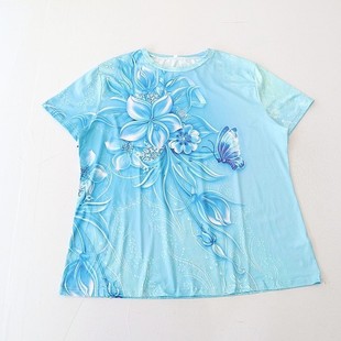花色T恤圆领套头宽松弹力时尚 女短袖 百搭上衣F2 新品 夏季