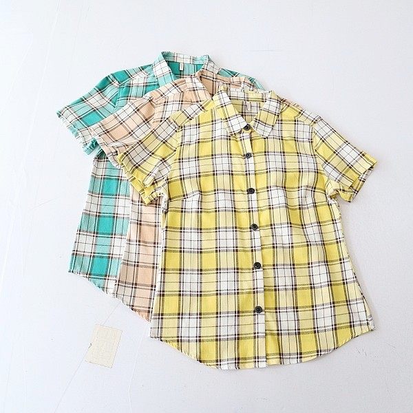 夏季新品女短袖格子衬衫方领纽扣修身显瘦时尚百搭上衣F3