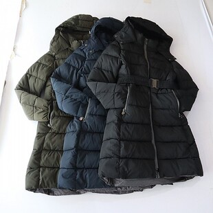 冬季新品女中长款长袖棉服外套立领连帽拉链腰带收腰保暖棉衣X15