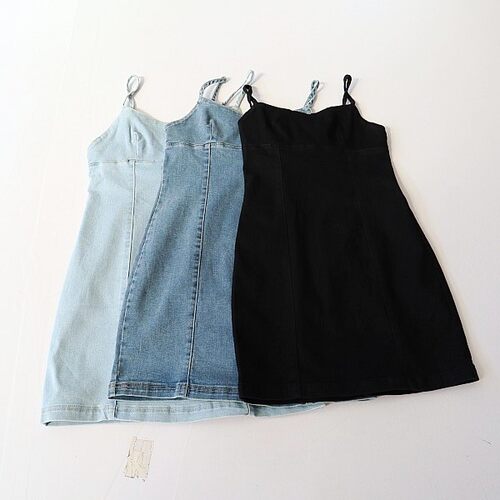 春秋季新品女牛仔吊带连衣裙水洗棉修身微弹后拉链打底百搭裙4X