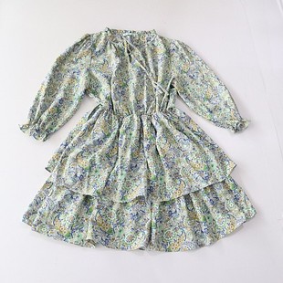 花色连衣裙立领系绳套头松紧收腰百搭A字裙C8M 长袖 春秋季 女中长款