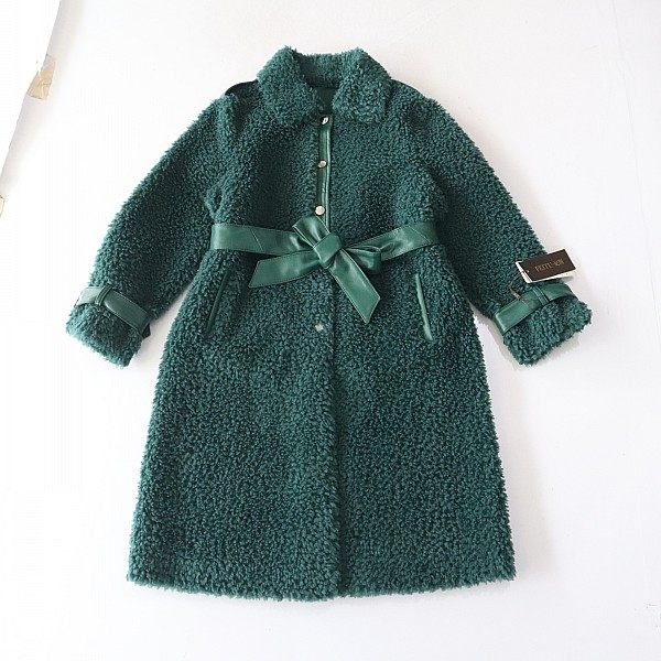 秋冬季女中长款长袖皮毛一体颗粒绒外套方领暗扣腰带修身大衣X144