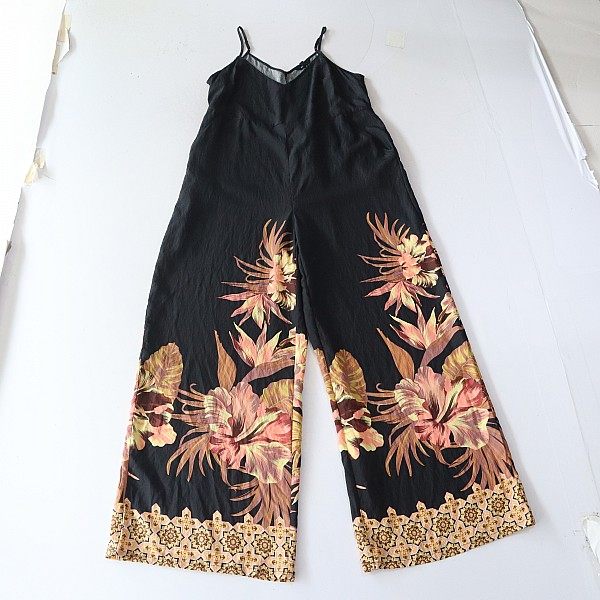 夏季女吊带型花色连身衣V领宽松阔腿裤系带时尚百搭薄连体长裤4X图片