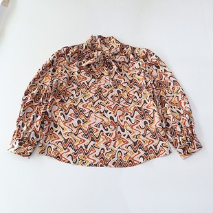 立V领系结套头宽松时尚 花色衬衫 百搭上衣F8S 女长袖 春秋季