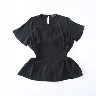 圆领套头收腰漏腰性感纯色时尚 棉麻衬衫 百搭上衣F7S 女短袖 夏季
