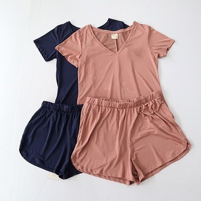 夏季新品女短袖T恤V领垂感上衣宽松微弹背心松紧腰居家短裤4X